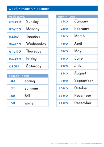 【幼児用】 週（曜日）・月・季節の英単語 一覧